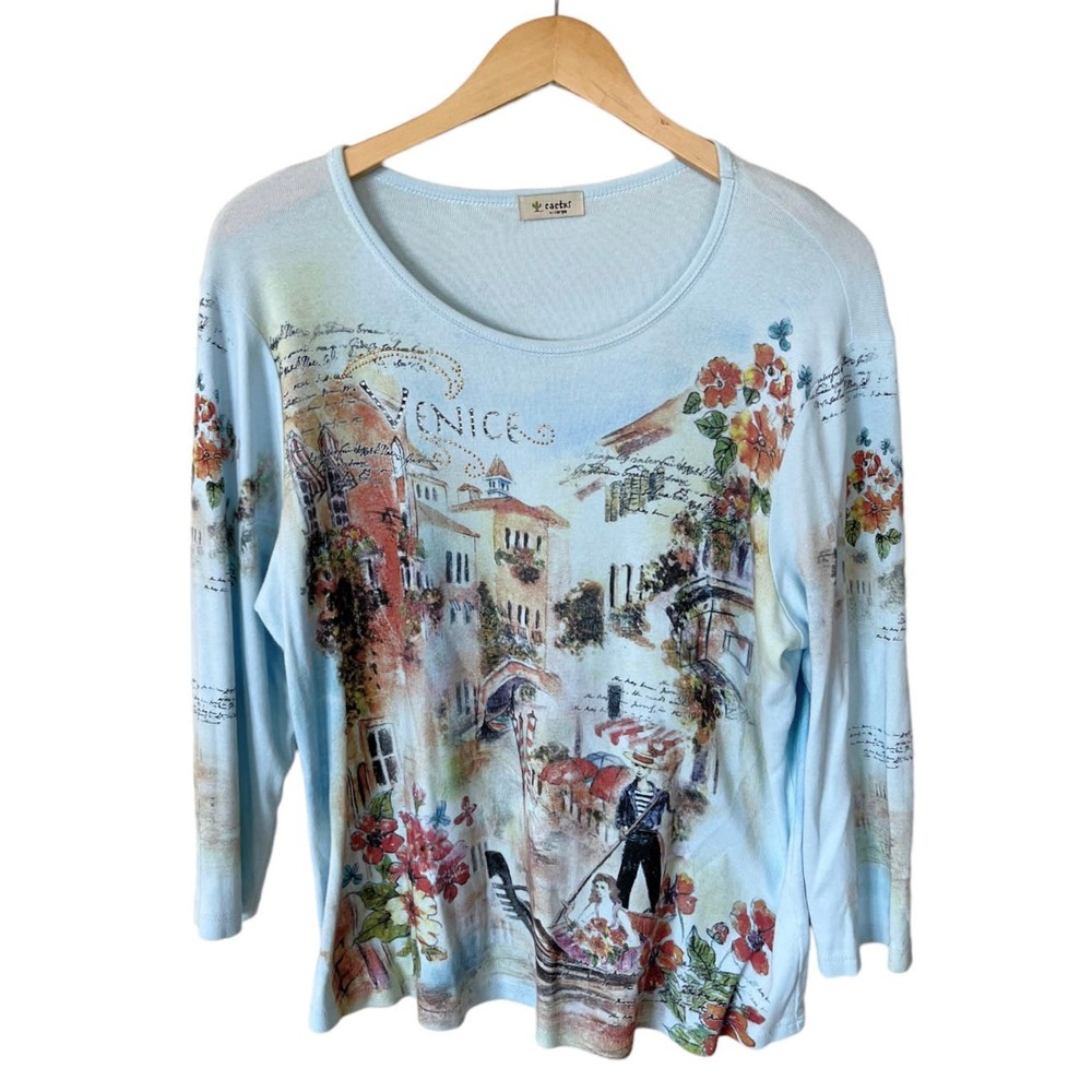 VENICE ITALY Cactus Blouse Blue Graphic Print Cotton Top Rhinestones V-Neck XL